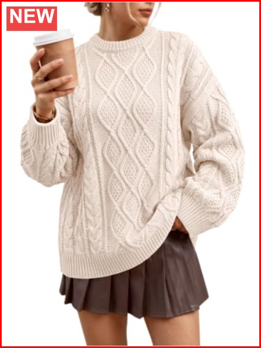 Oversized Cable Knit Sweater Cotton Acrylic Pullover Crew Neck